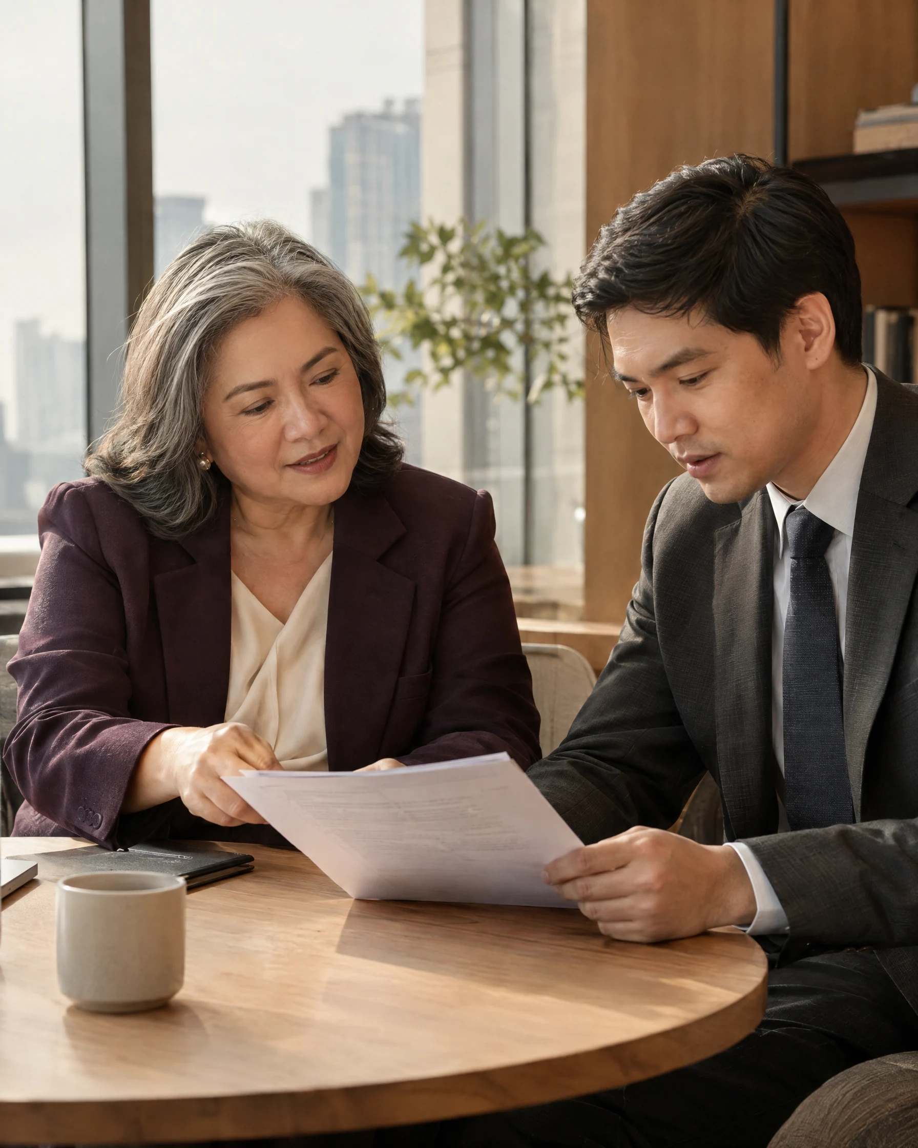 A senior partner and an associate considering the same working document.