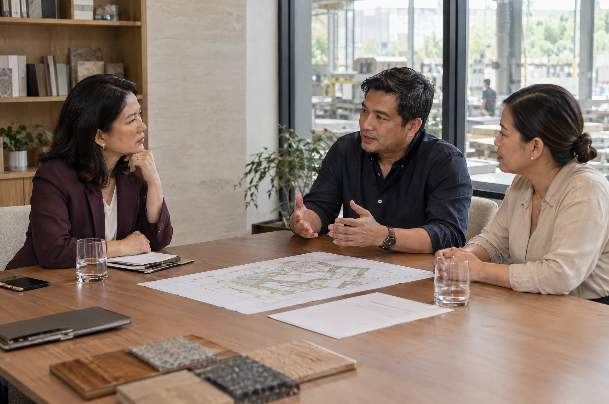 Counsel listens as business owners discuss plans and material samples in their workplace.